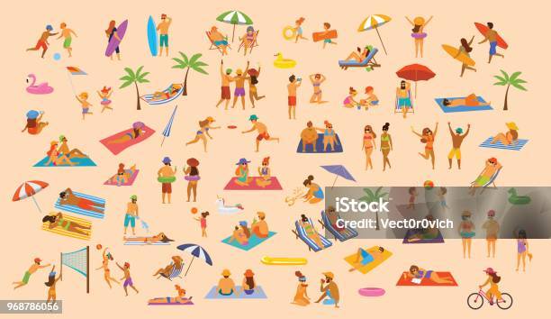 People On The Beach Fun Graphic Collection Man Woman Couples Kids Yound And Old Enjoy Summer Vacation Relax Chill Have Fun Stock Illustration - Download Image Now