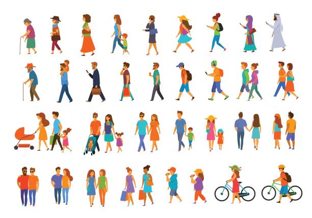 graphic collection of people walking graphic collection of people walking.family couples,parents, man and woman different age generation walk with bikes,smartphones, coffee,eat,texting,talking, side back and front views isolated vector illustration scene set city life illustrations stock illustrations