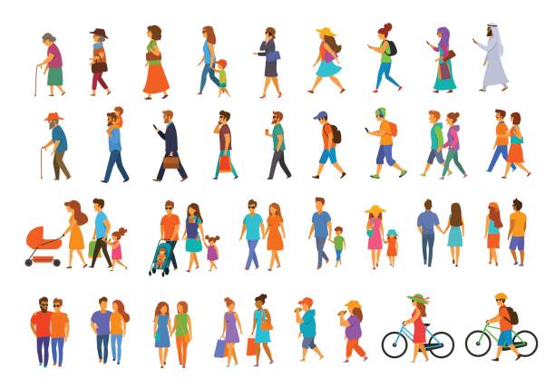 graphic collection of people walking graphic collection of people walking.family couples,parents, man and woman different age generation walk with bikes,smartphones, coffee,eat,texting,talking, side back and front views isolated vector illustration scene set people walking stock illustrations