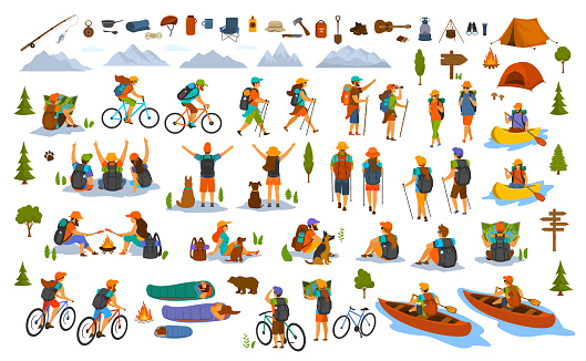 collection of hiking trekking people. young man woman couple hikers travel outdoors with mountain bikes kayaks camping