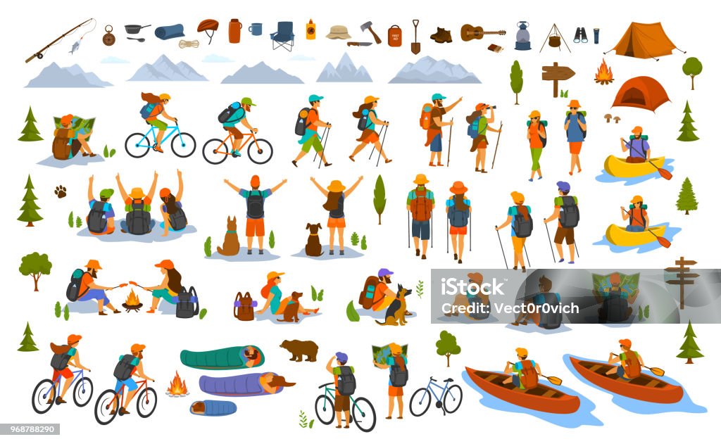 collection of hiking trekking people. young man woman couple hikers travel outdoors with mountain bikes kayaks camping collection of hiking trekking people. young man woman couple hikers travel outdoors with mountain bikes kayaks camping, search locations on map, sightseeing discover nature graphic, isolated vector scenes set Hiking stock vector