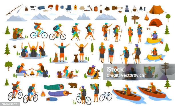 Collection Of Hiking Trekking People Young Man Woman Couple Hikers Travel Outdoors With Mountain Bikes Kayaks Camping Stock Illustration - Download Image Now