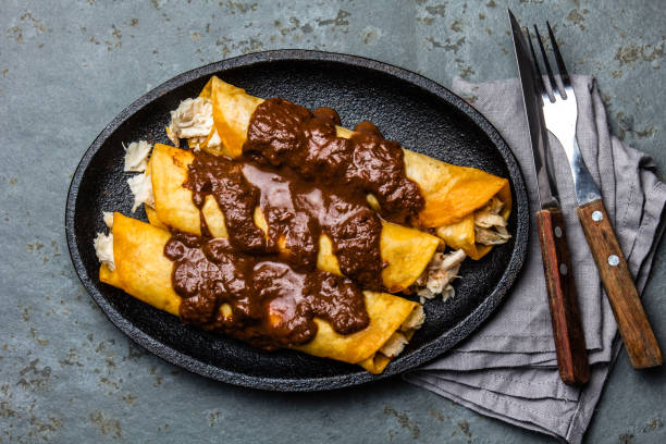 istock Mexican cuisine. Traditional Mexican chicken enchiladas with spicy chocolate salsa mole poblano. Enchiladas with sauce moole from Puebla, Mexico 968788492