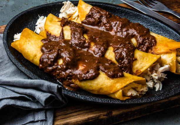 istock Mexican cuisine. Traditional Mexican chicken enchiladas with spicy chocolate salsa mole poblano. Enchiladas with sauce moole from Puebla, Mexico 968788500