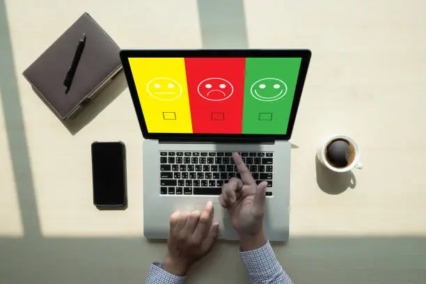 Photo of business man select happy on satisfaction evaluation? And good mood smiley