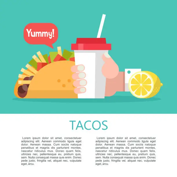 Vector illustration of Tacos. Delicious Mexican fast food in corn tortillas.  Vector illustration.