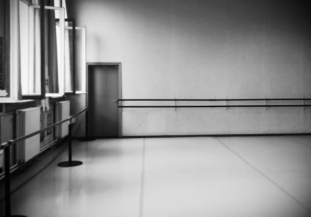 Retro ballet room black and white stock photo