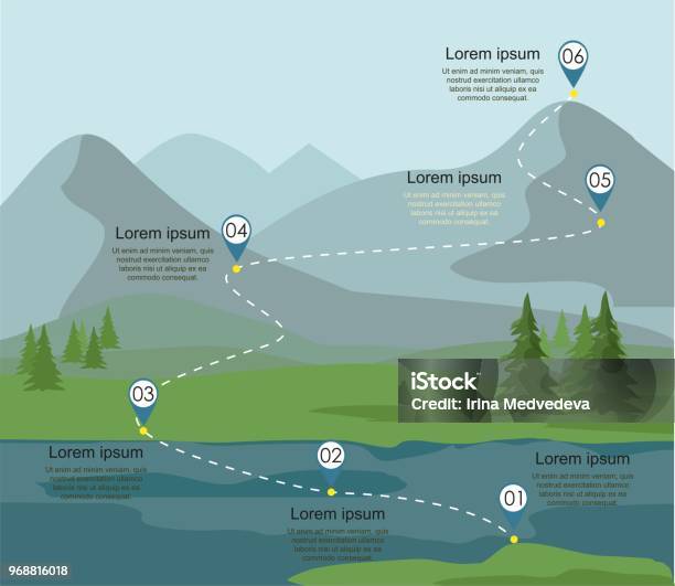 Layers Of Mountain Landscape With Fir Forest And River Tourism Route Infographic Stock Illustration - Download Image Now