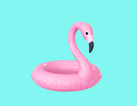 Inflatable flamingo isolated on turquoise background. 3D rendering