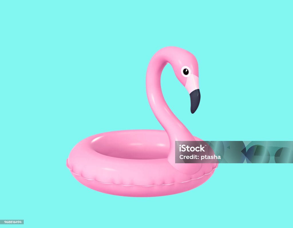 Inflatable flamingo isolated on turquoise background Inflatable flamingo isolated on turquoise background. 3D rendering Flamingo Stock Photo