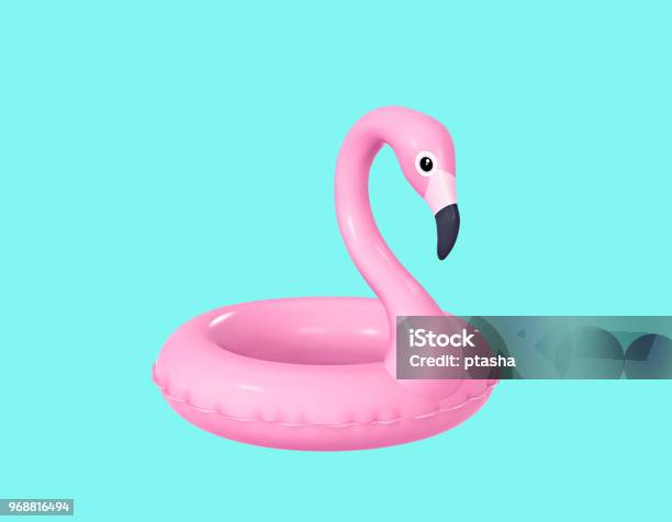 Foto de Flamingo Inflável Isolado No Fundo Turquesa e mais fotos de stock de Flamingo - Flamingo, Boia - Inflável, Boia Salva-vidas