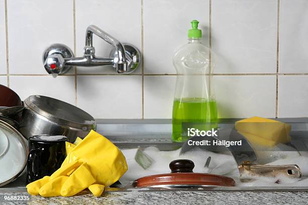 A Sink Full Of Dishes Waiting To Be Washed Stock Photo - Download Image Now - Cleaning, Cluttered, Color Image