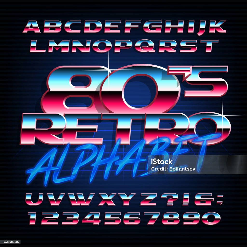 80s Block Lettering 80s Retro Alphabet Font Metallic Effect Oblique Letters And Numbers ...