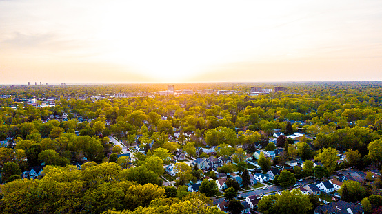 An aerial view of sunset over the suburbs of Southeast Michigan.