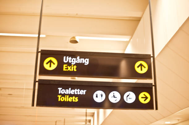 istock Exit And Toilets (Unisex and For The Disabled) Signs (With Swedish Translation) On Black Board - Stockholm, Sweden 968845054