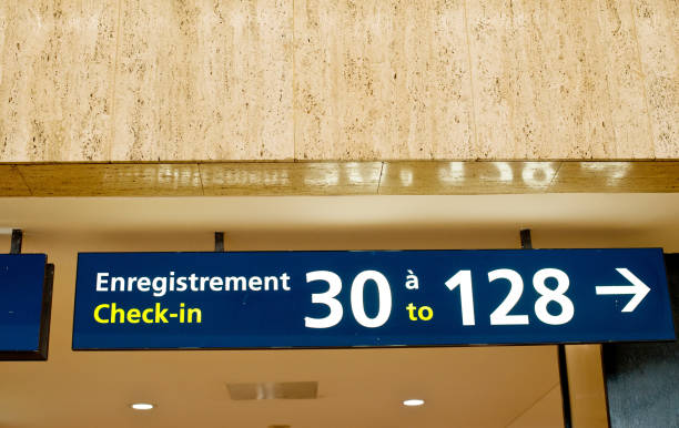 istock Baggage Check-In Counters 30 to 128 Sign (With French Translation) On Blue Board. Paris - France 968846734