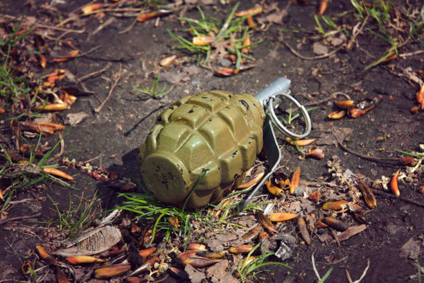 hand grenade grenade lying on the ground hand grenade grenade lying on the ground. khaki green photos stock pictures, royalty-free photos & images