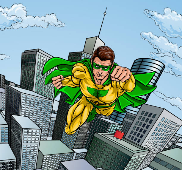 latające superhero miasto scena - superhero comic book cityscape flying stock illustrations