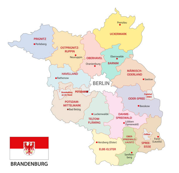 brandenburg administrative and political map with flag, germany brandenburg administrative and political vector map with flag, germany brandenburg state stock illustrations