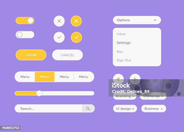 白いベクトル Ui キットを設定しますウェブ デザインのためのベクトル フラット デザイン Ui キットですスタイルの Web デザインのフラット Ui キット デザイン設定フラットなボタン - GUIのベクターアート素材や画像を多数ご用意