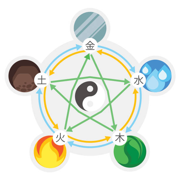 kuvapankkikuvitukset aiheesta feng shui 5 luonnon elementtiä viivojen yhdistämissä ympyröissä. - yin yang symbol