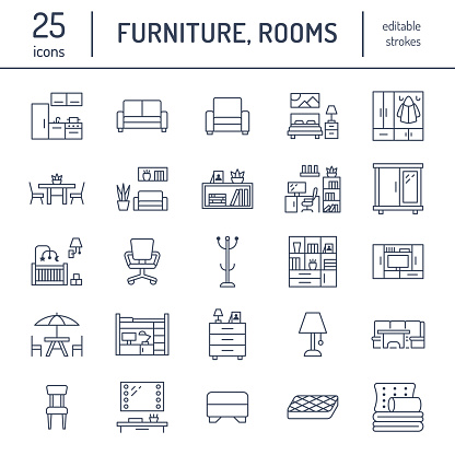 Furniture vector flat line icons. Living room tv stand, bedroom, home office, kitchen corner bench, sofa, nursery, dining table, bedding. Thin signs collection for modern interior store.