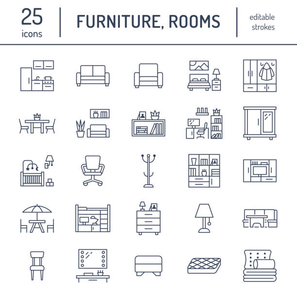 Furniture vector flat line icons. Living room tv stand, bedroom, home office, kitchen corner bench, sofa, nursery, dining table, bedding. Thin signs collection for modern interior store Furniture vector flat line icons. Living room tv stand, bedroom, home office, kitchen corner bench, sofa, nursery, dining table, bedding. Thin signs collection for modern interior store. bedroom illustrations stock illustrations