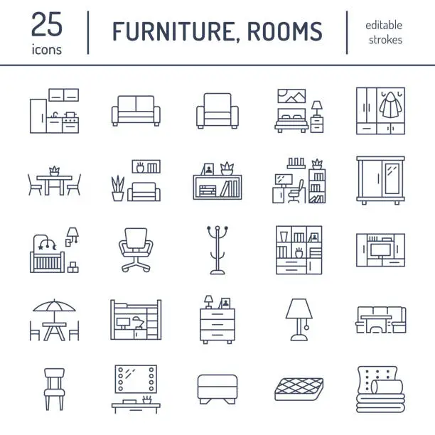 Vector illustration of Furniture vector flat line icons. Living room tv stand, bedroom, home office, kitchen corner bench, sofa, nursery, dining table, bedding. Thin signs collection for modern interior store