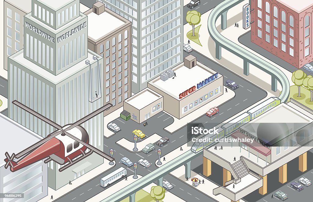 도시 헬리콥터 및 단궤 가로장 관측소 - 로열티 프리 등측투영법 벡터 아트