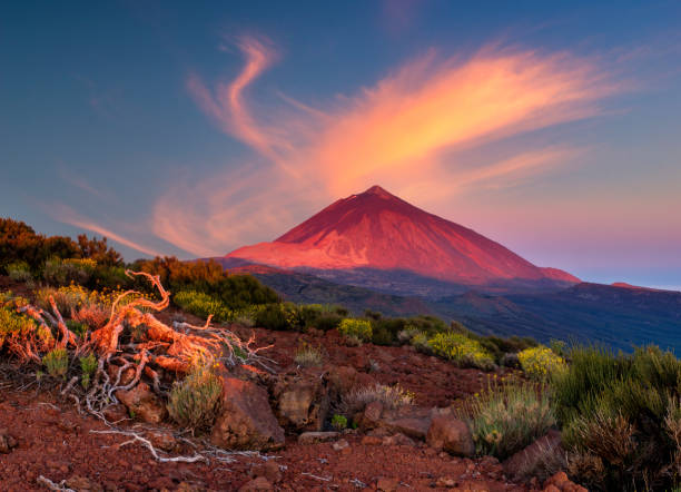 vulkan teide auf teneriffa im licht der aufgehenden sonne - atlantikinseln stock-fotos und bilder