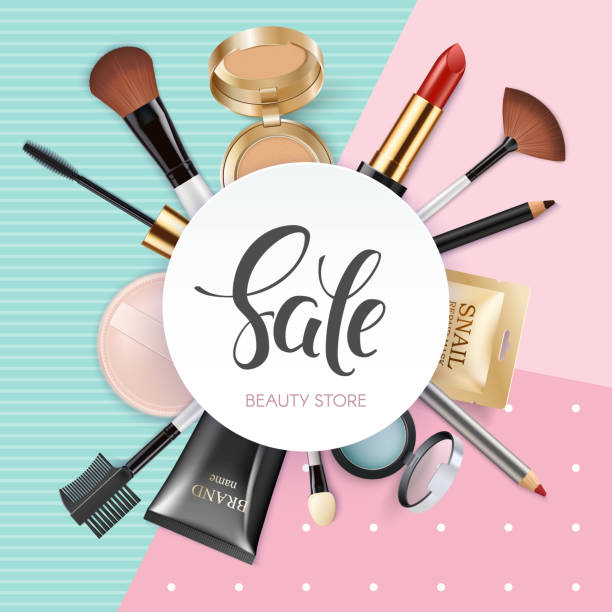 istock Makeup template beauty store with collection of realistic beauty decorative cosmetics and makeup tools beauty. Powder, concealer, eye shadow brush, blush, foundation, lipstick, eyeshadow. 968863652