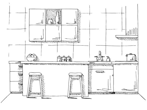 illustrazioni stock, clip art, cartoni animati e icone di tendenza di mobili da cucina disegnati a mano. illustrazione vettoriale in stile schizzo - eaves