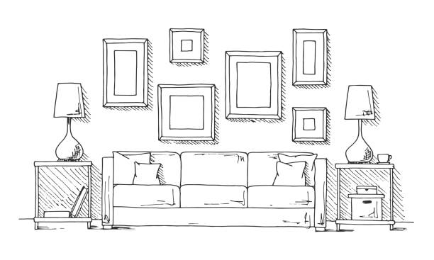 lineare skizze des innenraumes. handgezeichnete vektor-illustration eines skizze-stils. - teppichboden couch stock-grafiken, -clipart, -cartoons und -symbole