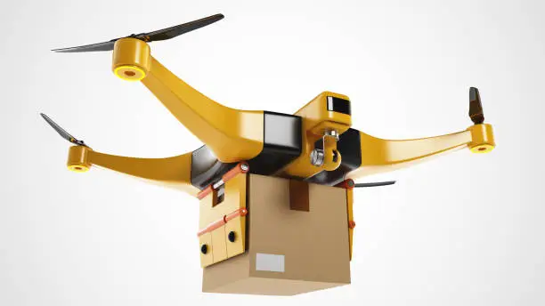 A drone delivers a cardboard package. Perspective view.