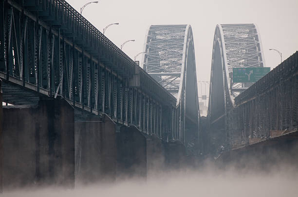 Double bridge in Montreal with mist stock photo