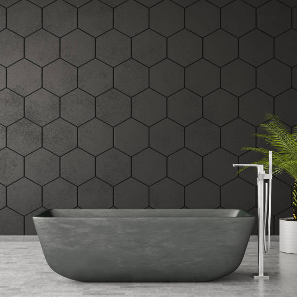 baño moderno  - hexagon tile pattern black fotografías e imágenes de stock