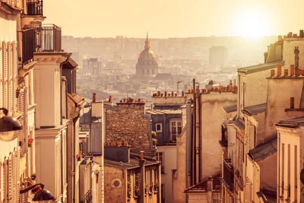 panorama von paris, blick vom hügel von montmartre in paris frankreich - paris france roof apartment aerial view stock-fotos und bilder