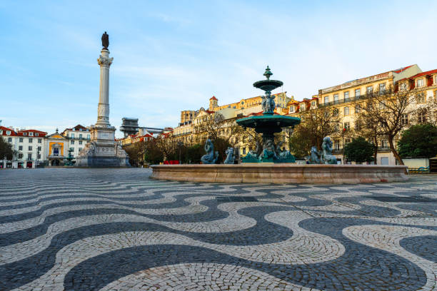 Rossio square and Santa Justa elevator in Lisbon, Portugal