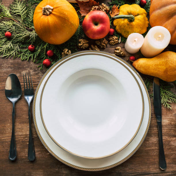 istock Top view of table setting with beautiful christmas decor 968887070