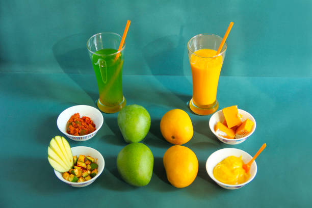 istock Raw and ripe alphonso mango and their by-products like pickle, mango shake, sweet and ice cream 968889790