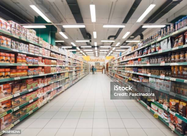 Blurred Supermarket Aisle Stock Photo - Download Image Now - Supermarket, Aisle, Market - Retail Space