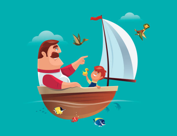 father and son having fun with sailing boat vector illustration of father and son having fun with sailing boat duck family stock illustrations