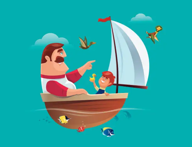 Vector illustration of father and son having fun with sailing boat