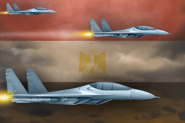 istock Egypt air forces strike concept. Air planes attack on Egypt flag background. 3d Illustration 968910290