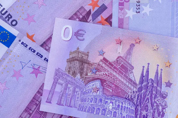 Violet five hundred euro banknotes with zero euro souvenir