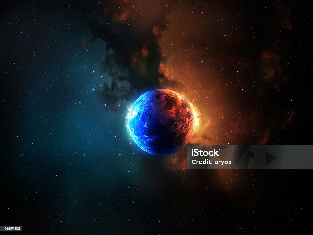 Earth between red and blue energy  Blue Stock Photo