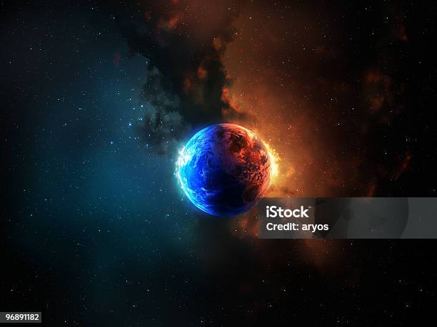 Earth Between Red And Blue Energy Stock Photo - Download Image Now - Blue, Nebula, Planet - Space