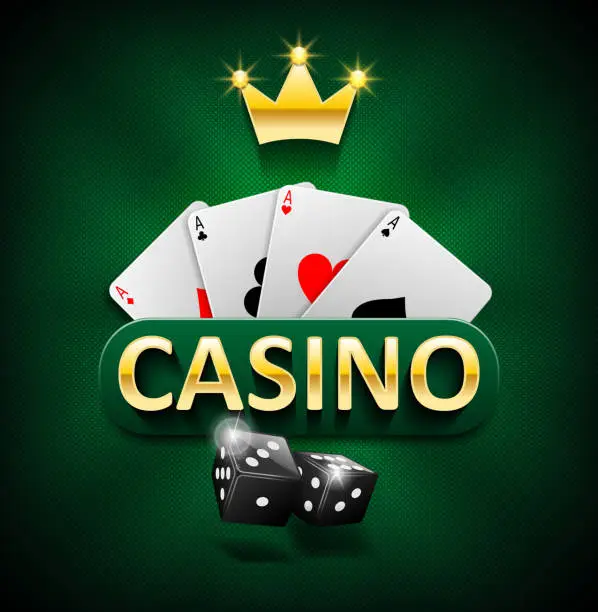 Vector illustration of Casino marketing banner with dice and poker cards on green background. Playing jackpot and gambling casino games design. Vector illustration