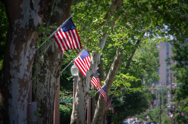 istock Row of American flags on lamp posts along street 968914742