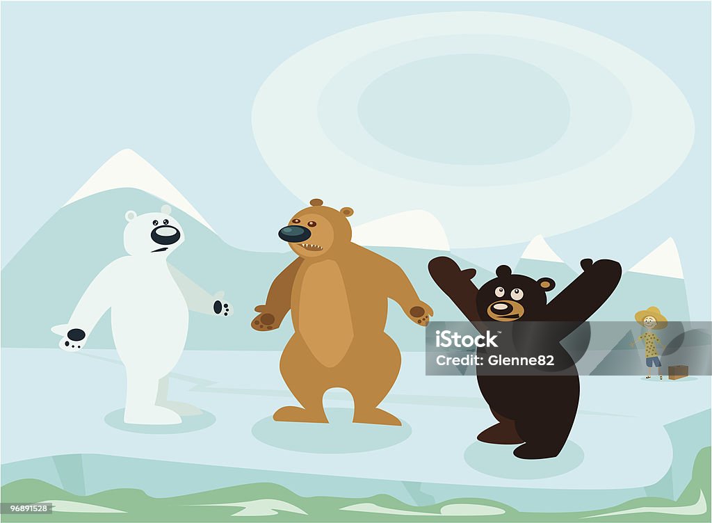 Bears Discussing Climate Change Three bears(polar bear, grizzly, black bear) discussing climate change while a tourist enjoys the warmer weather. American Black Bear stock vector